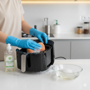 Pessoa limpando airfryer com pano macio.