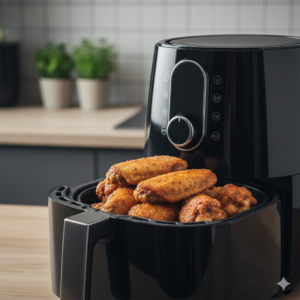 A close-up shot of a modern black airfryer with its basket pulled halfway out. Inside the basket, there are crispy, golden-brown chicken wings glistening under a clean light, with no excess oil. Soft cinematic background, high detail on the crispy skin texture, professional appliance advertising photography.