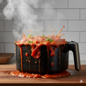 An editorial food photography shot of an airfryer basket filled with a messy, boiling tomato pasta sauce overflowing and splattering onto the basket walls. Steam rising heavily, professional appliance advertising style, sharp focus on the messy red sauce texture, minimalist kitchen environment.