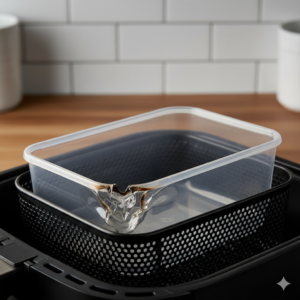 A professional product photograph of a cheap plastic food container placed inside an airfryer basket. The corner of the plastic container is visibly warped and slightly melting due to intense heat. Clean kitchen background, dramatic studio lighting highlighting the heat damage texture, warning concept, photorealistic, 8k resolution.