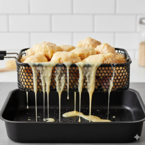 A close-up shot of raw chicken nuggets with a dripping, wet flour batter placed inside an airfryer basket. The batter is sliding off the food and dripping through the wire grid to the bottom, creating a messy puddle. Bright studio lighting, high detail on the wet texture vs the metallic basket, commercial food styling.