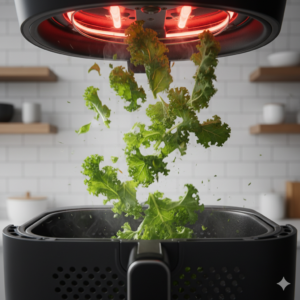 A dynamic shot inside an airfryer basket where lightweight green kale leaves are flying upwards, caught in a strong swirling air vortex towards the top heating element. High shutter speed action shot, dramatic lighting, crisp details on the flying vegetable leaves, realistic physics motion.