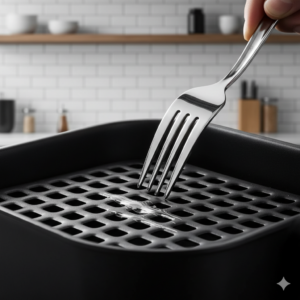 A sharp, dramatic close-up shot of a metal fork scratching the bottom of a black teflon airfryer basket. A visible, shiny silver scratch marks the damaged non-stick coating. Studio lighting reflecting off the metal teeth of the fork and the scratched surface, high-end product warning photography.